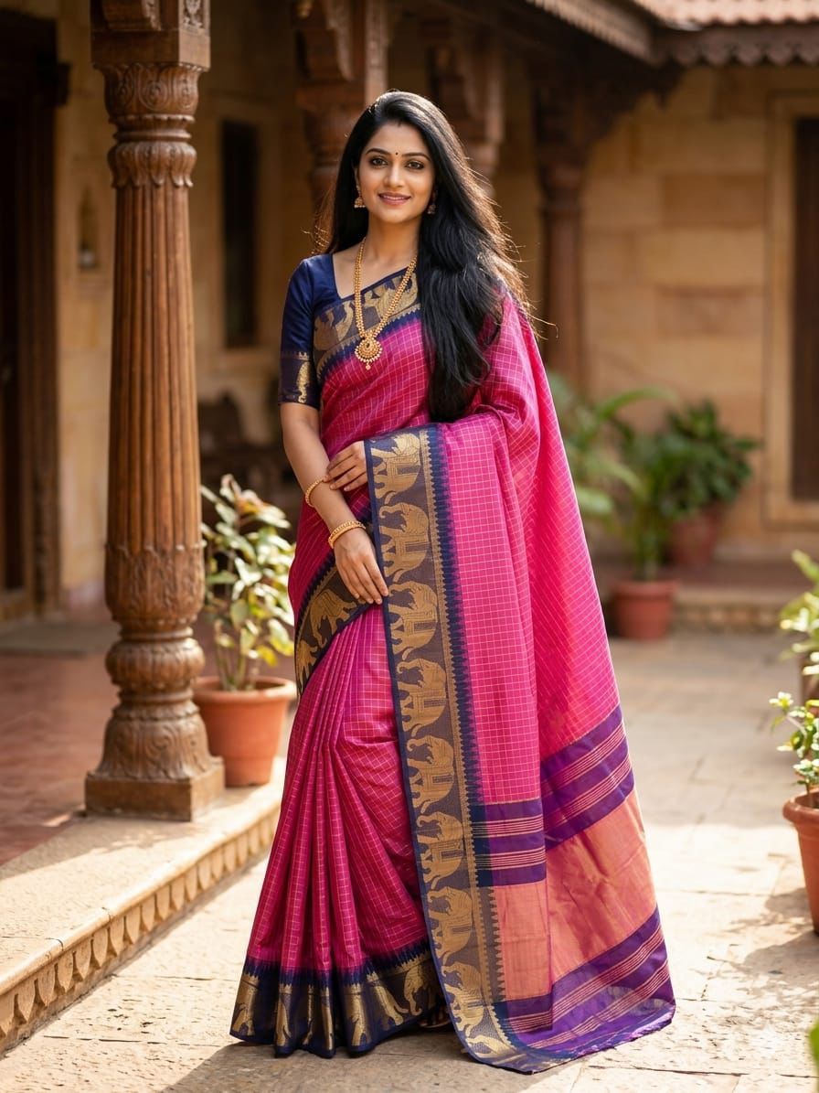 Lime Green Kanjivaram Silk Saree with Traditional Elephant Zari Border